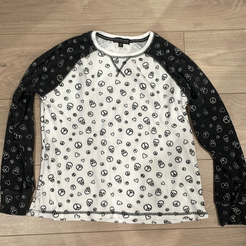 Baseball Tee with Hearts, Skulls, and Peace sign design.
